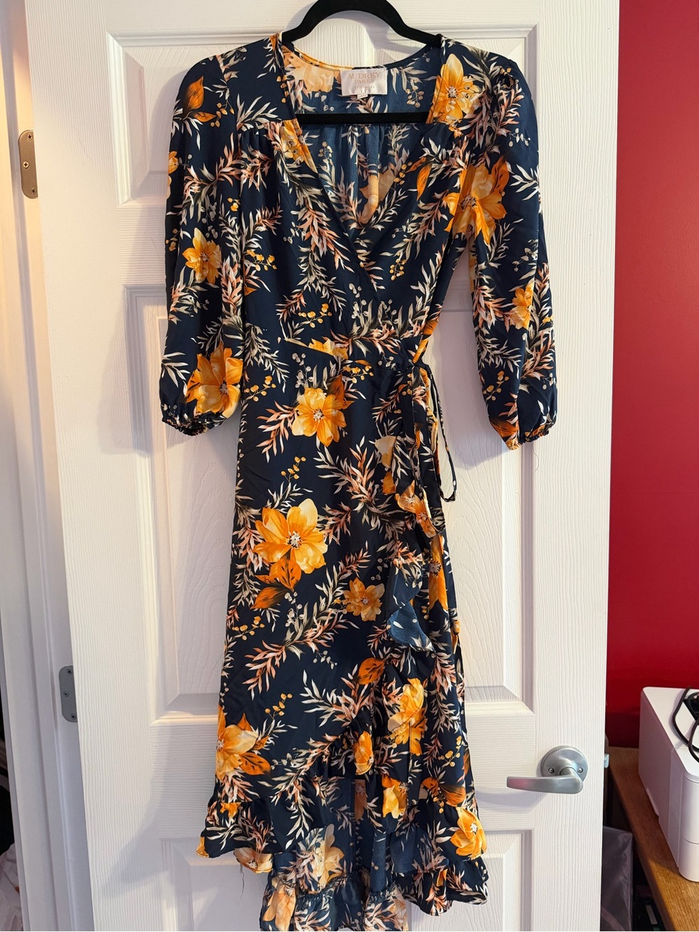 Francesca's Collections Navy Wrap Midi Dress with Yellow Floral Print